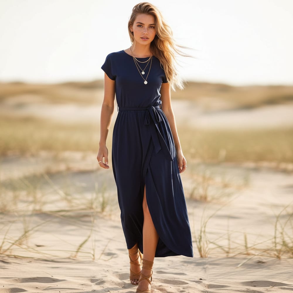 Short Sleeve Cuffed Tie Waist Dress