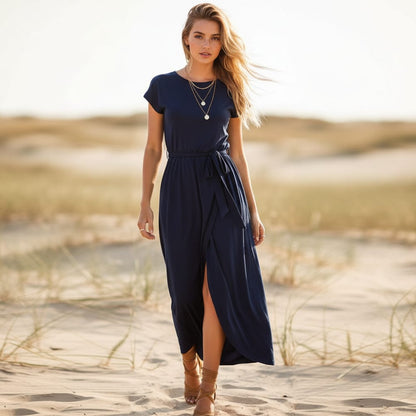 Short Sleeve Cuffed Tie Waist Dress