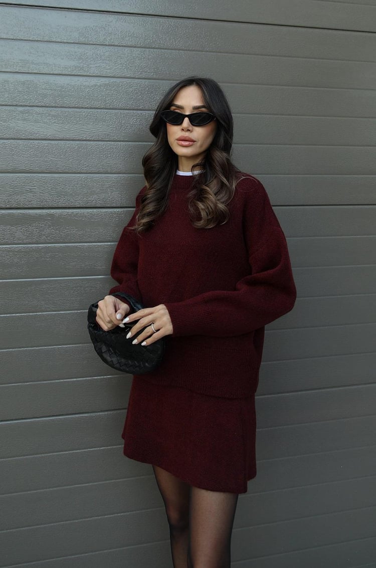 Crew Neck Long Sleeve Sweater and Mini Skirt Set For Women