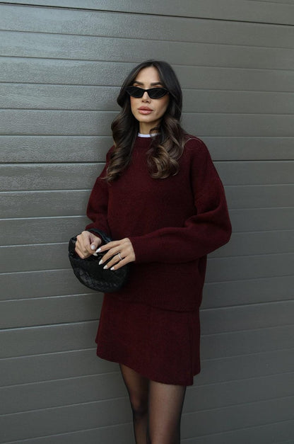 Crew Neck Long Sleeve Sweater and Mini Skirt Set For Women