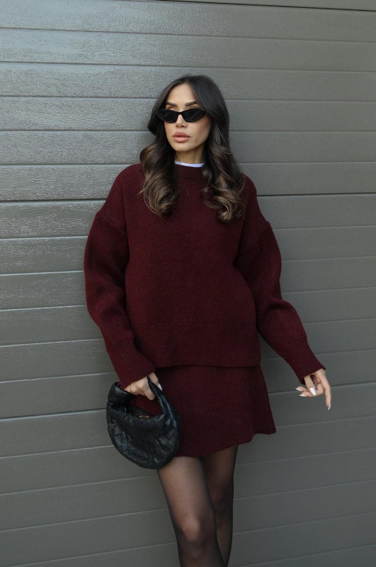 Crew Neck Long Sleeve Sweater and Mini Skirt Set For Women