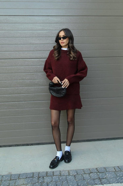 Crew Neck Long Sleeve Sweater and Mini Skirt Set For Women