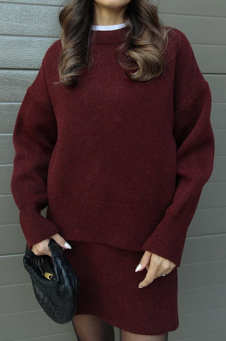 Crew Neck Long Sleeve Sweater and Mini Skirt Set For Women