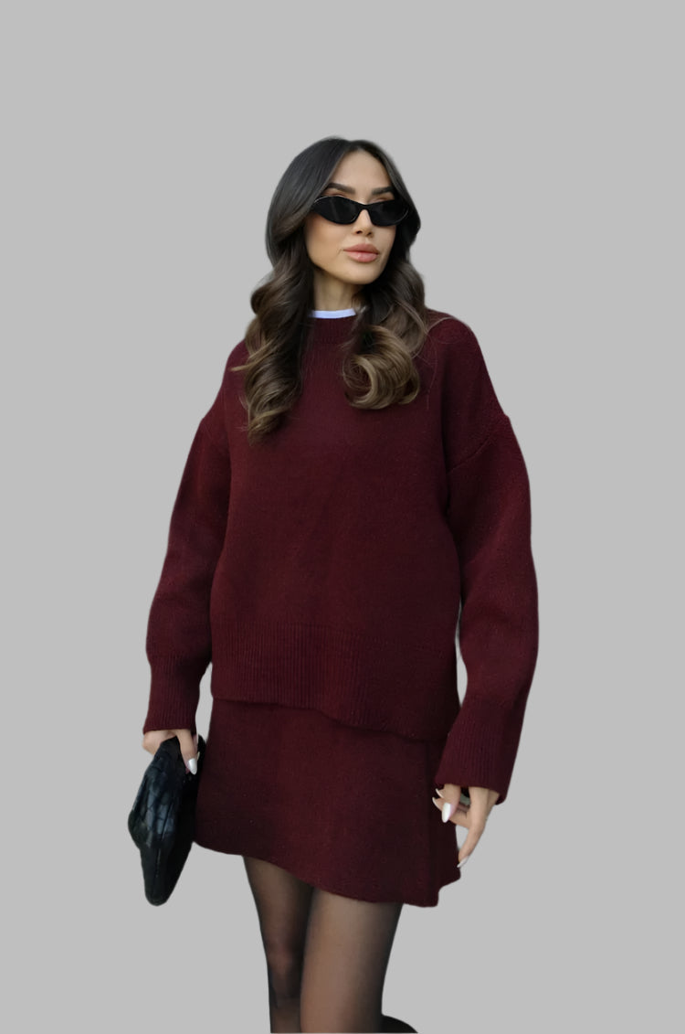 Crew Neck Long Sleeve Sweater and Mini Skirt Set For Women