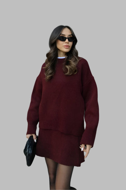 Crew Neck Long Sleeve Sweater and Mini Skirt Set For Women