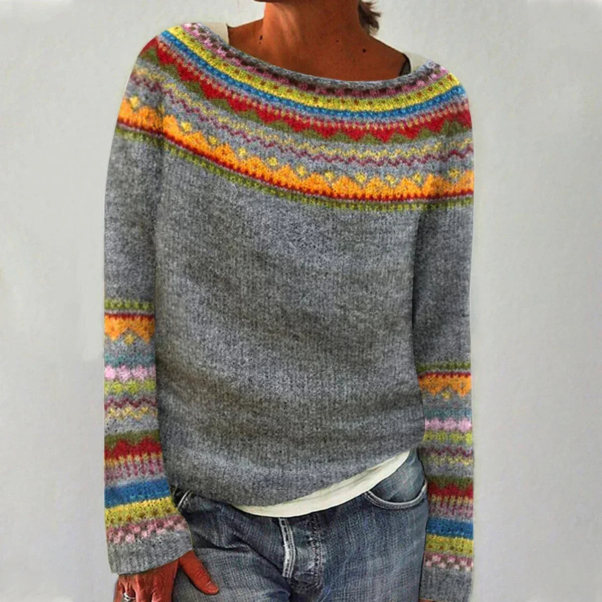 Crew Neck Long Sleeve Striped Yoke Knit Sweater For Women