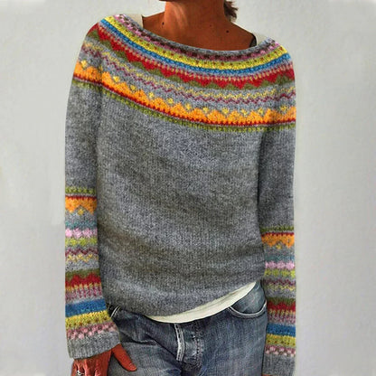 Crew Neck Long Sleeve Striped Yoke Knit Sweater For Women