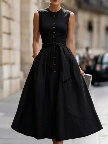 Round Neck Sleeveless Button-Front Belted Midi Dress