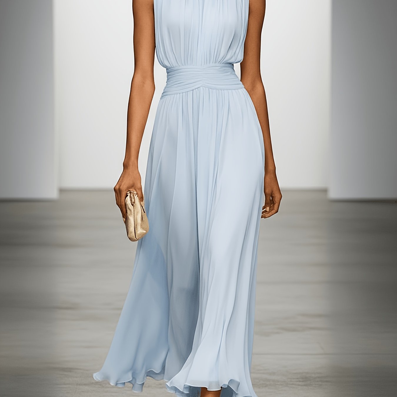 Sleeveless Ruched Waist Pleated Maxi Dress