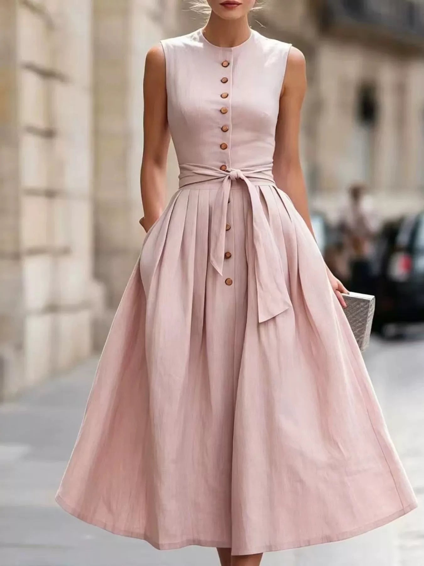 Round Neck Sleeveless Button-Front Belted Midi Dress