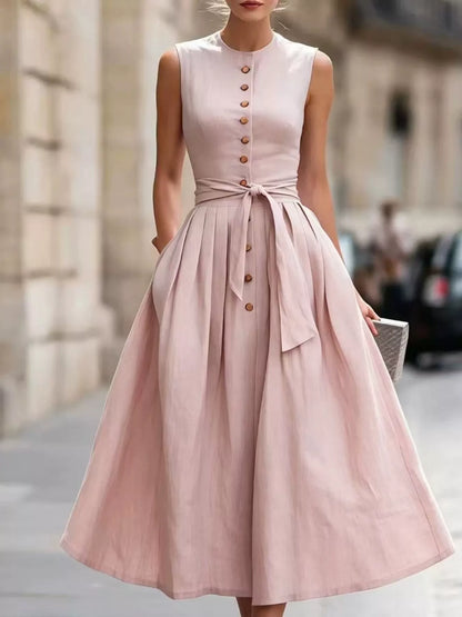Round Neck Sleeveless Button-Front Belted Midi Dress