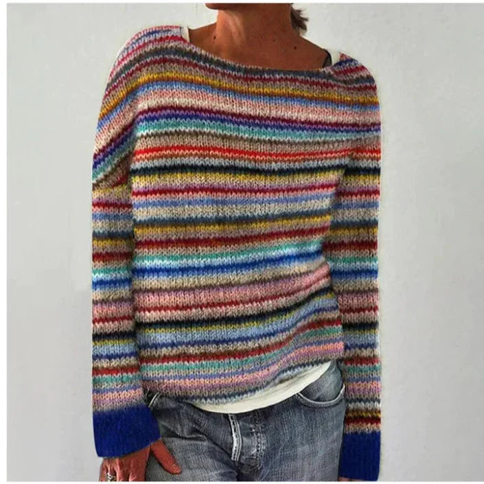 Crew Neck Long Sleeve Striped Yoke Knit Sweater For Women