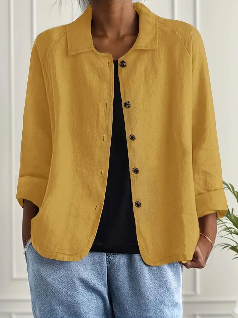 Collared Button Down Three Quarter Sleeve Blouse