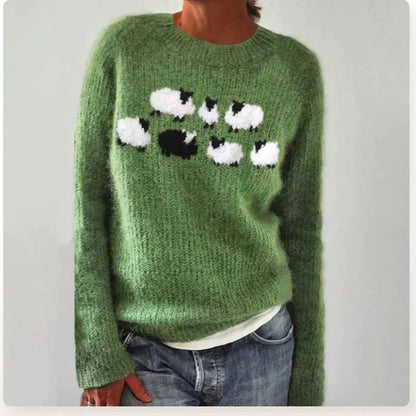 Crew Neck Long Sleeve Striped Yoke Knit Sweater For Women