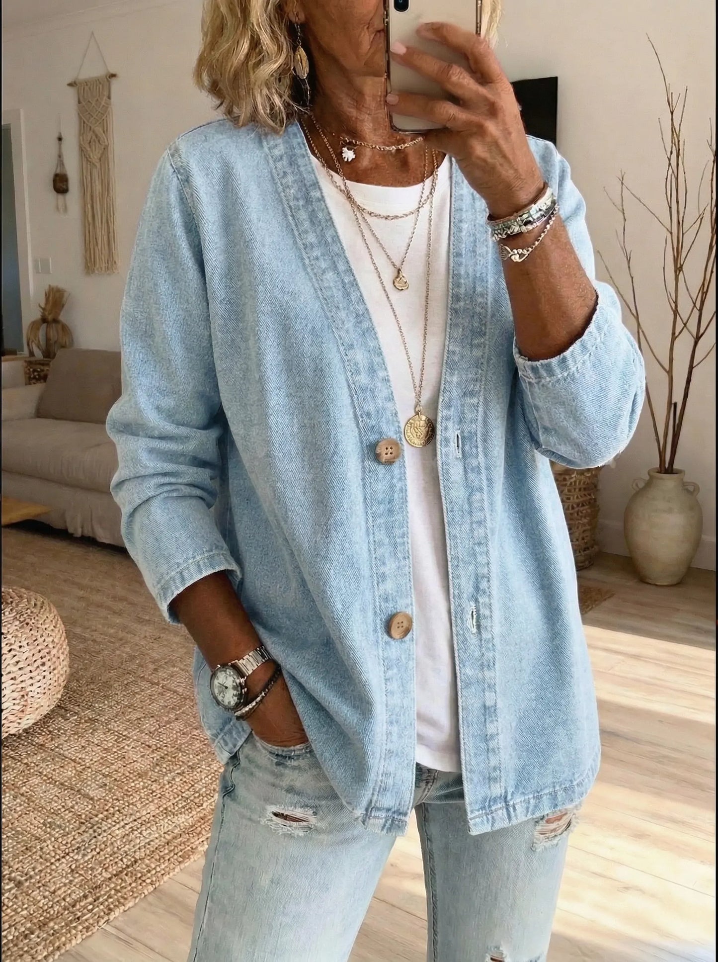 Textured Buttoned Seamed Dropped Loose Cardigan