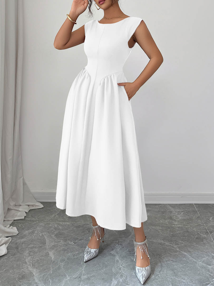 Boat Neck Sleeveless Pleated A-Line Backless Midi Dress with Pockets