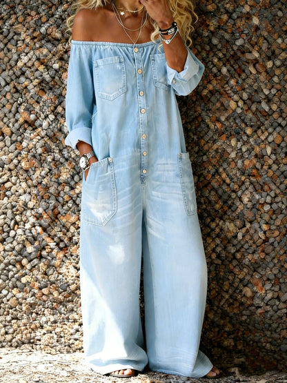 Off Shoulder Button Front Multi Pocket Jumpsuit