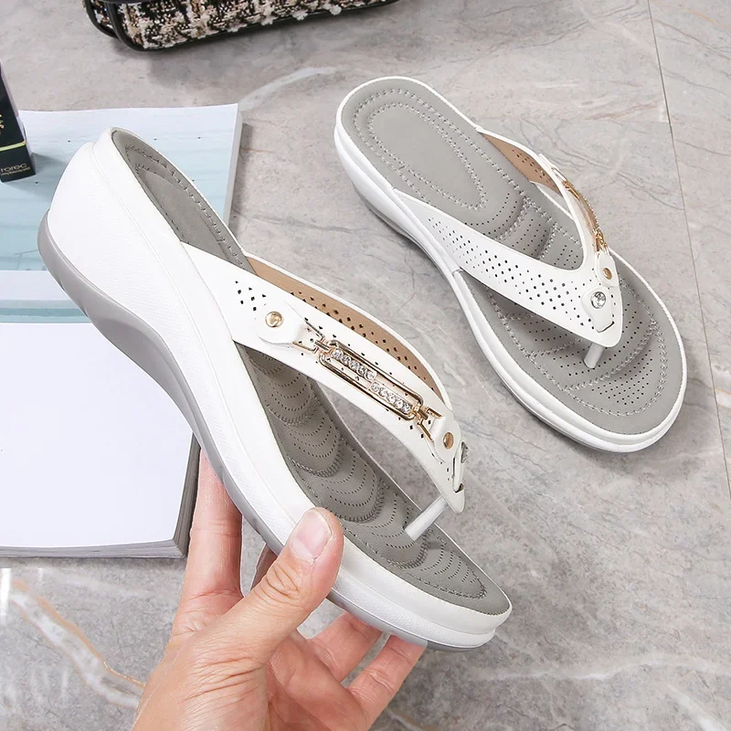 Open Backless Thong Wedge Perforated Grooved Sandals