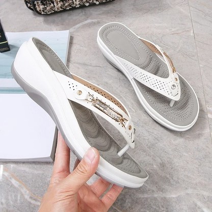 Open Backless Thong Wedge Perforated Grooved Sandals