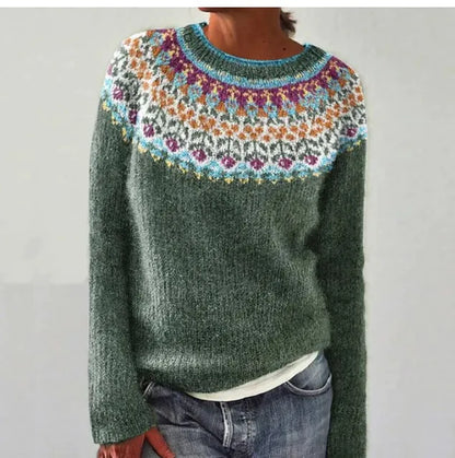 Crew Neck Long Sleeve Striped Yoke Knit Sweater For Women