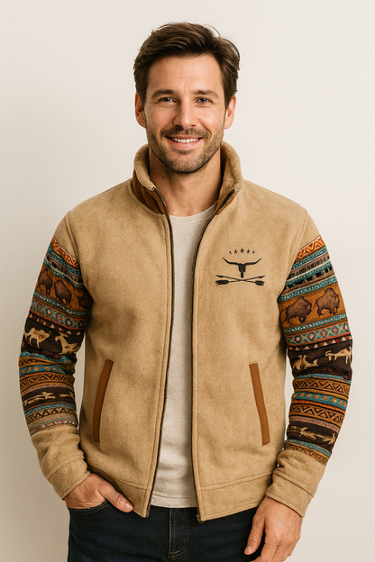 Men's Stand Collar Southwestern Print Sleeve Zip Jacket