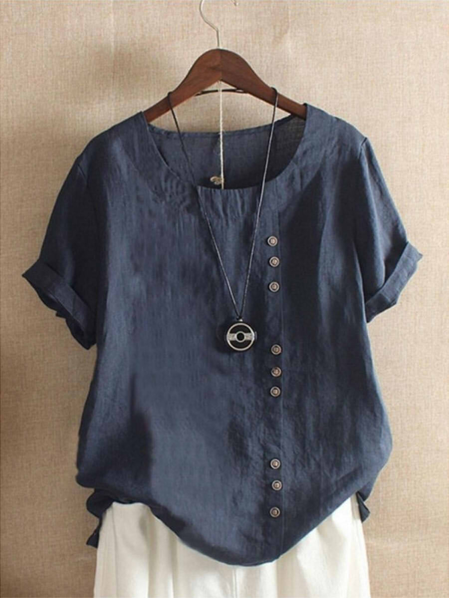 Rolled Placketed Rounded Loose Dropped Textured Blouse
