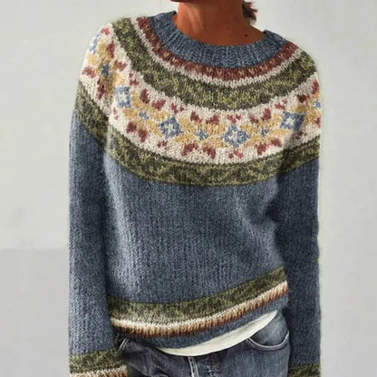 Crew Neck Long Sleeve Striped Yoke Knit Sweater For Women