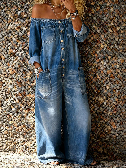 Off Shoulder Button Front Multi Pocket Jumpsuit