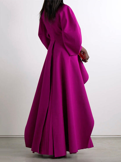 Long Sleeves Loose Pleated Tiered Round-Neck Maxi Dress
