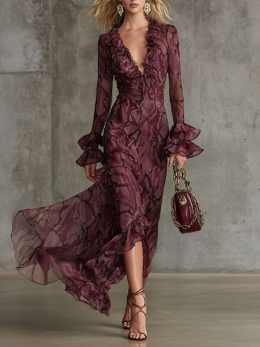 Plunging Ruffled Fitted Flared Tiered Maxi Dress