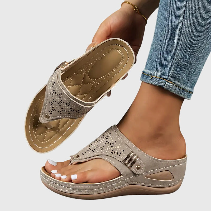 Open Toe Perforated Wedge Slip On Sandals