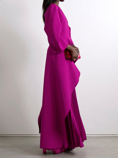 Long Sleeves Loose Pleated Tiered Round-Neck Maxi Dress