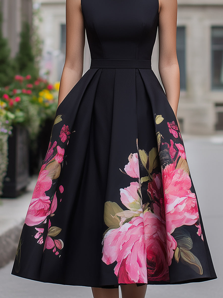 Floral Print Sleeveless Pleated A Line Dress