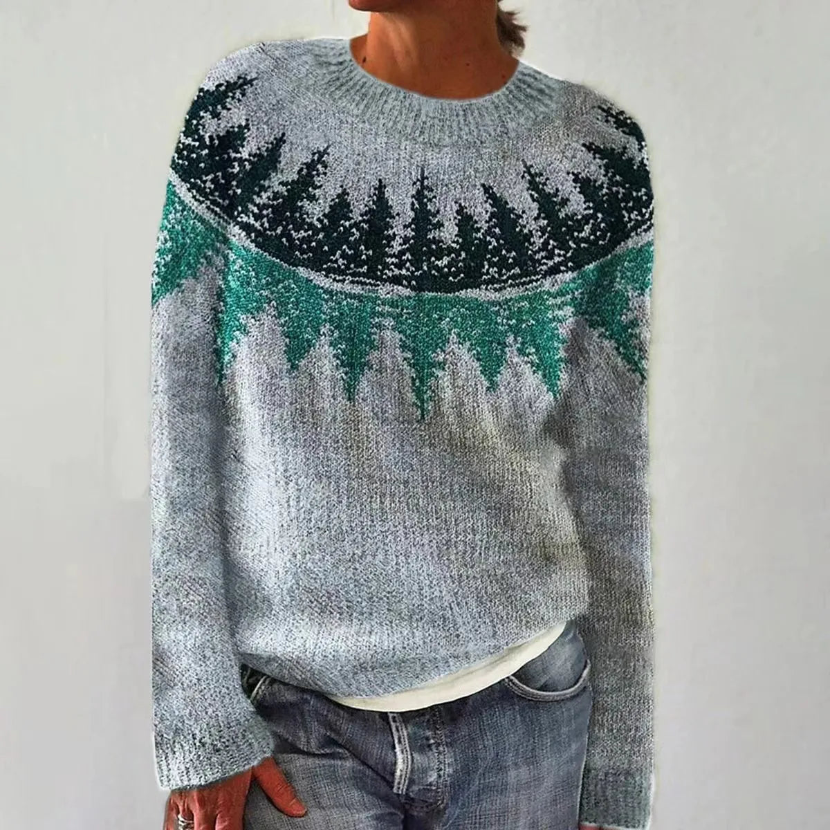Crew Neck Long Sleeve Striped Yoke Knit Sweater For Women