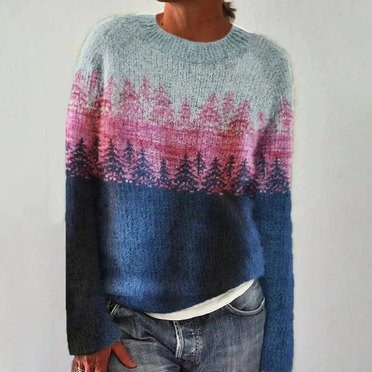 Crew Neck Long Sleeve Striped Yoke Knit Sweater For Women
