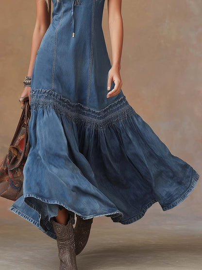 Sleeveless Collared Laced Seamed Gathered Maxi Dress
