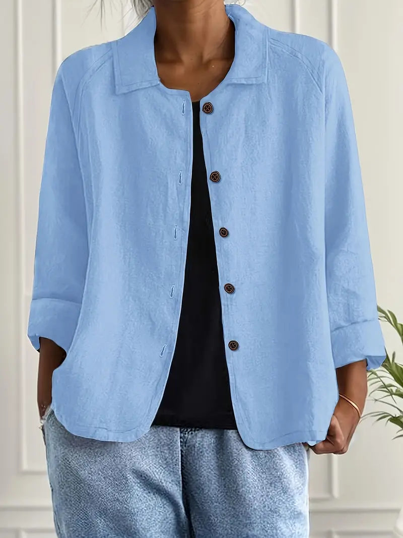 Collared Button Down Three Quarter Sleeve Blouse