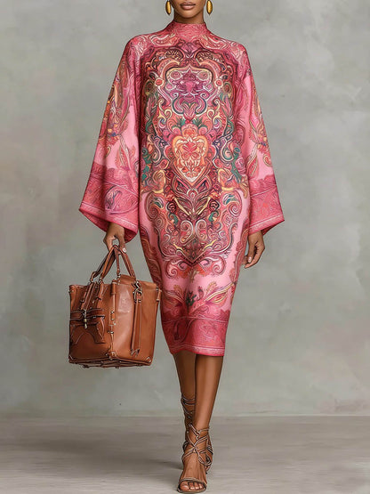 Long Sleeve Loose Mock Neck Midi Dress