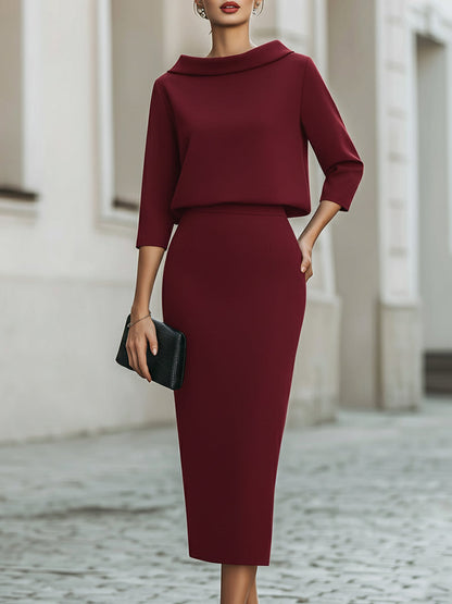 Fitted Boat Neck Three Quarter Sleeve Midi Set
