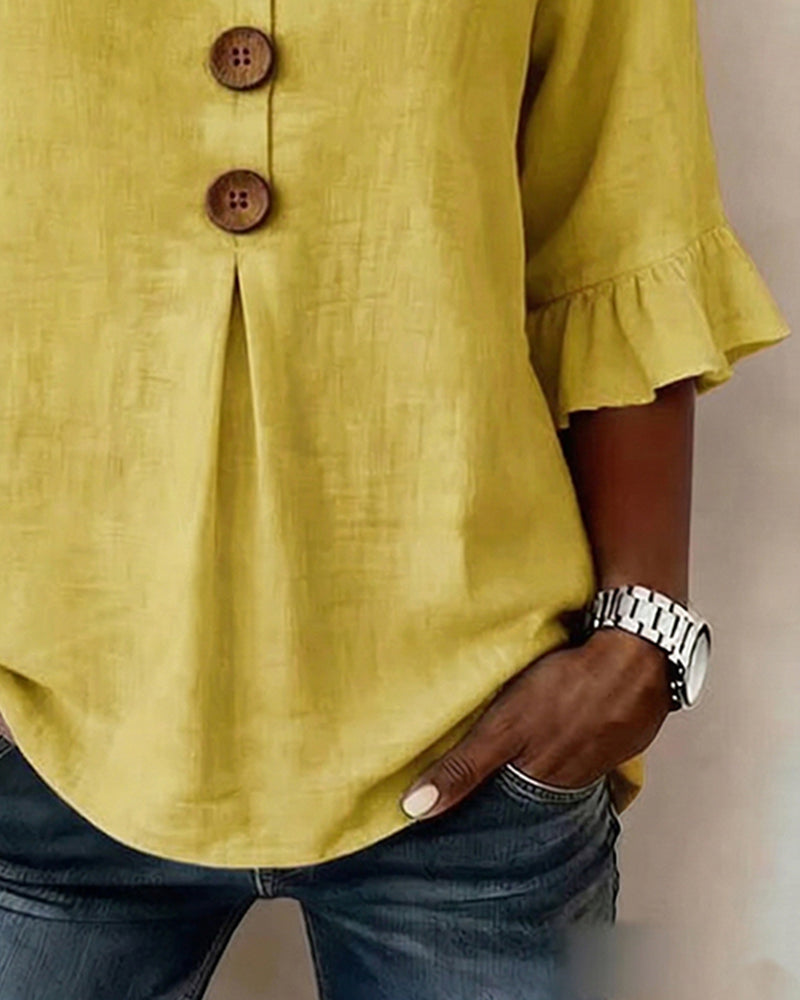 V Neck Button Detail Ruffle Sleeve Top