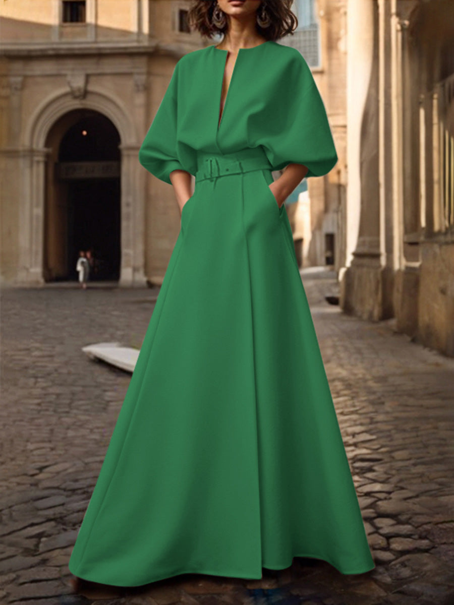 Belted Slit Maxi Paneled Structured Dress