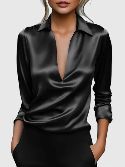 Solid Plunging Collared Draped Cuffed Sleeved Top