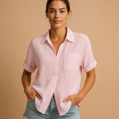 Collared Buttoned Cuffed Pocketed Textured Relaxed Blouse