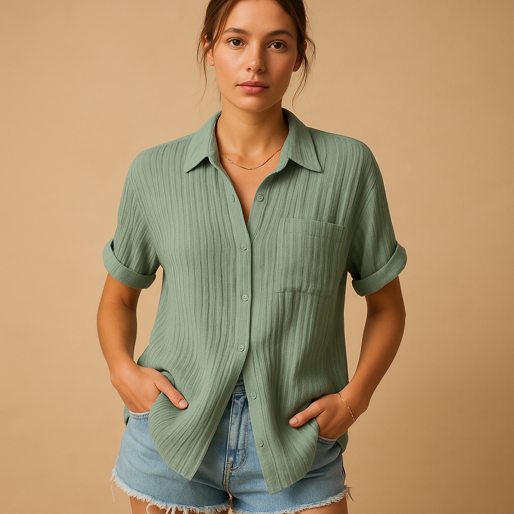 Collared Buttoned Cuffed Pocketed Textured Relaxed Blouse