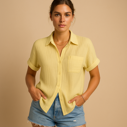 Collared Buttoned Cuffed Pocketed Textured Relaxed Blouse