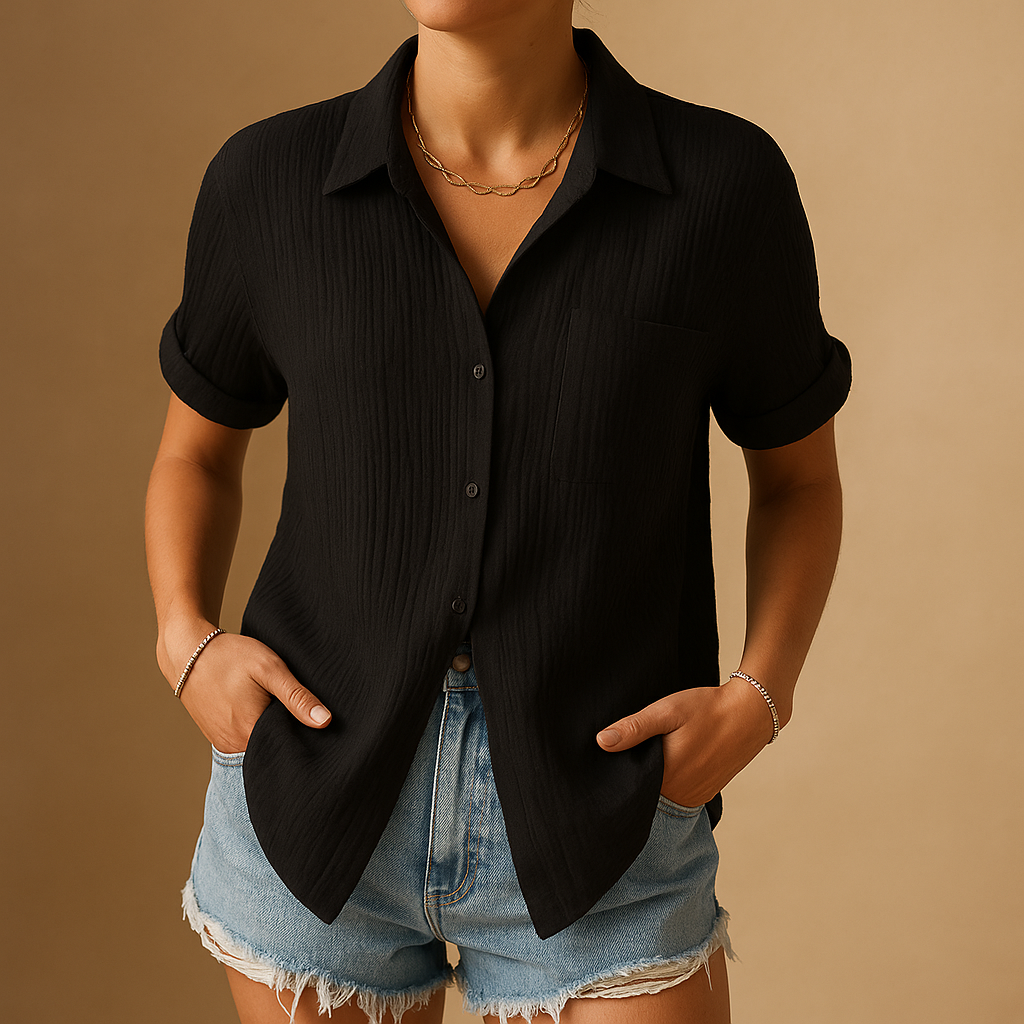 Collared Buttoned Cuffed Pocketed Textured Relaxed Blouse
