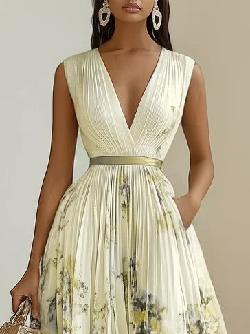 Deep V Neck Pleated Printed Dress
