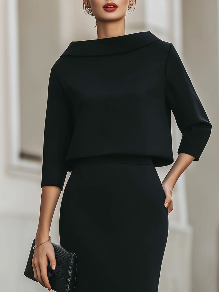 Boat Neck Top and Midi Skirt Set