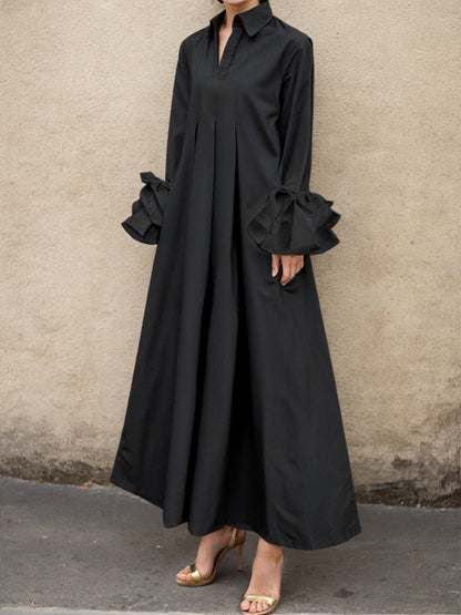 Collared Ruffled Pleated Maxi Loose Flared Dress