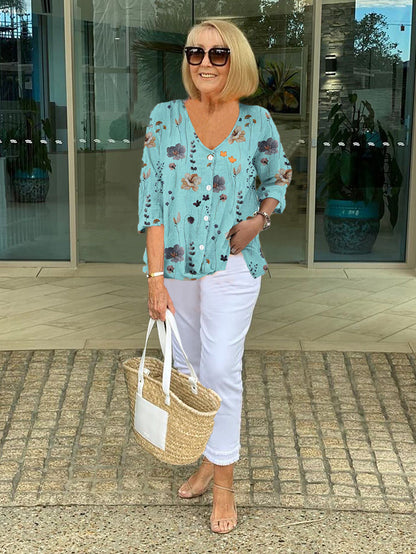 V Neck Floral Patterned Quarter Sleeve Blouse